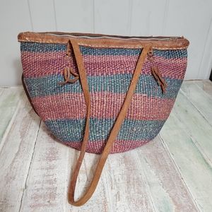 Straw Basket Multi-Color Zip Leather Straps Purse
